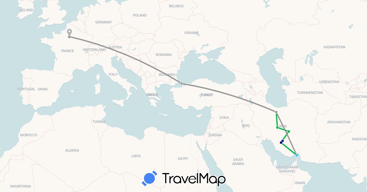 TravelMap itinerary: driving, bus, plane, boat in France, Iran, Turkey (Asia, Europe)